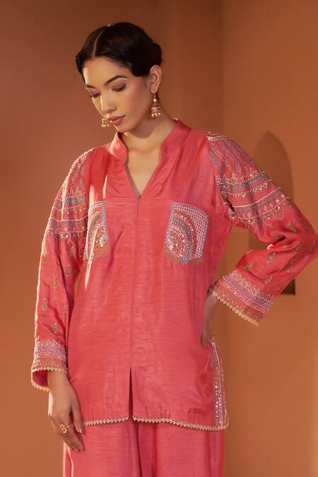 Sonia Khatri Red Silk, Denim Sequins, Embroidery Placement Dori Shirt Tunic With Palazzo Online at Aza Fashions Sonia Khatri_Red Silk, Denim Sequins, Embroidery Placement Dori Shirt Tunic With Palazzo _Online_at_Aza_Fashions