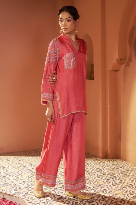 Sonia Khatri Red Silk, Denim Sequins, Embroidery Placement Dori Shirt Tunic With Palazzo at Aza Fashions Sonia Khatri_Red Silk, Denim Sequins, Embroidery Placement Dori Shirt Tunic With Palazzo _at_Aza_Fashions