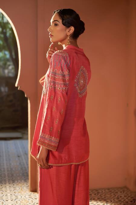 Buy Sonia Khatri Red Silk, Denim Sequins, Embroidery Placement Dori Shirt Tunic With Palazzo Buy_Sonia Khatri_Red Silk, Denim Sequins, Embroidery Placement Dori Shirt Tunic With Palazzo