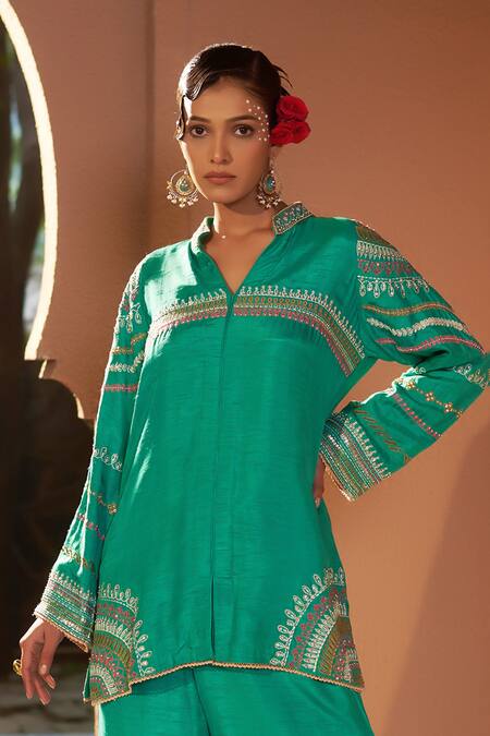 Buy_Sonia Khatri_Green Silk, Denim Placement Geometric Embroidered Shirt Tunic With Palazzo _Online_at_Aza_Fashions