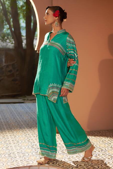 Sonia Khatri_Green Silk, Denim Placement Geometric Embroidered Shirt Tunic With Palazzo _at_Aza_Fashions