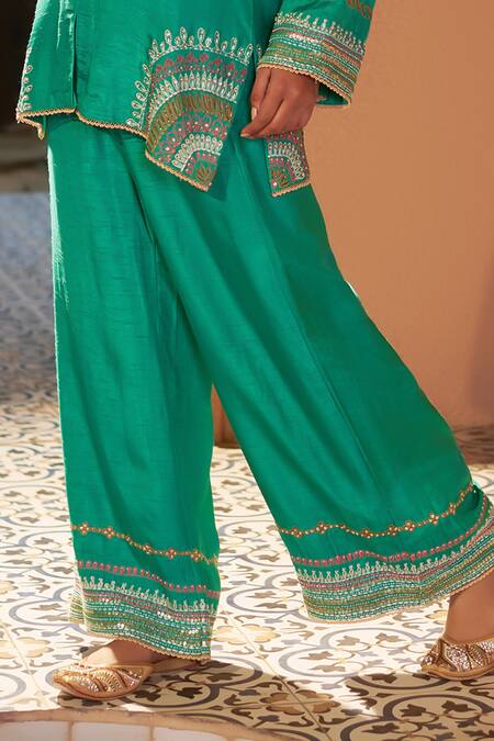 Buy_Sonia Khatri_Green Silk, Denim Placement Geometric Embroidered Shirt Tunic With Palazzo 