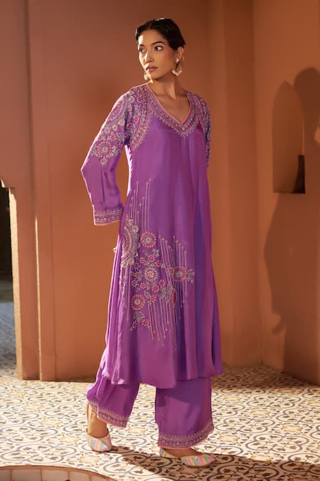 Buy_Sonia Khatri_Purple Denim Sequins, Beads Pankhudi Floral Embroidered Kurta With Palazzo _Online_at_Aza_Fashions