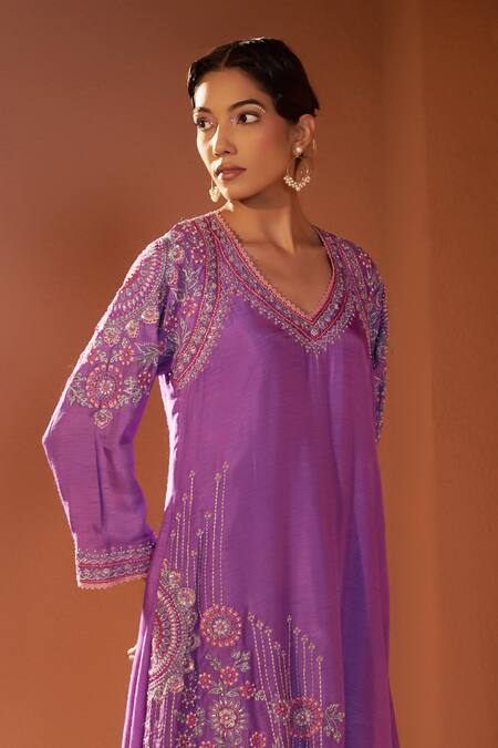 Shop_Sonia Khatri_Purple Denim Sequins, Beads Pankhudi Floral Embroidered Kurta With Palazzo _Online_at_Aza_Fashions