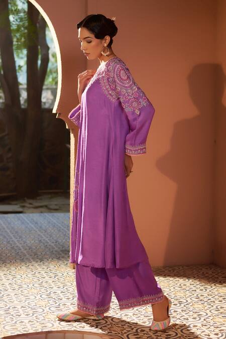 Sonia Khatri_Purple Denim Sequins, Beads Pankhudi Floral Embroidered Kurta With Palazzo _at_Aza_Fashions