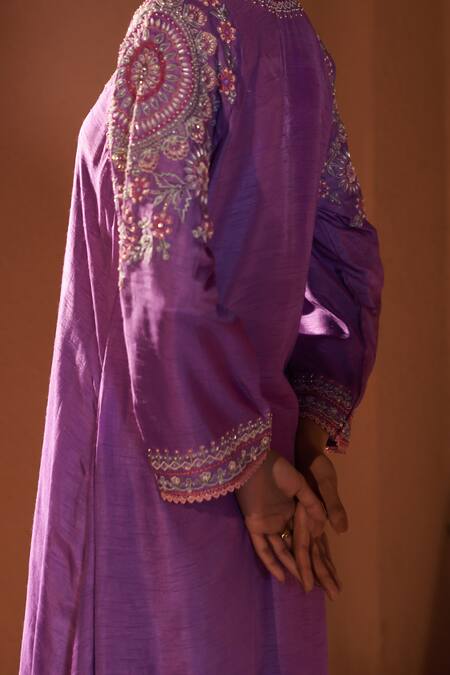 Buy_Sonia Khatri_Purple Denim Sequins, Beads Pankhudi Floral Embroidered Kurta With Palazzo 