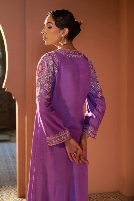 Shop_Sonia Khatri_Purple Denim Sequins, Beads Pankhudi Floral Embroidered Kurta With Palazzo 