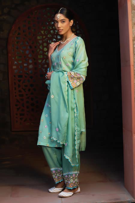 Sonia Khatri_Green Organza Cut Work, Embroidery, Sequins, Pearls Floral Butti Kurta Pant Set _at_Aza_Fashions