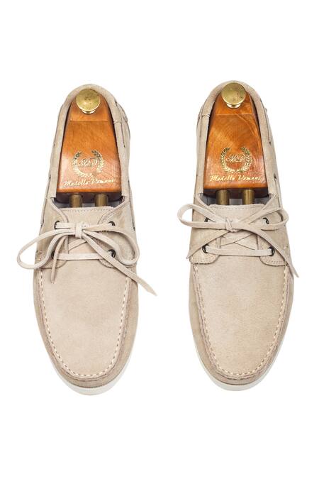 Shop Domani Beige Leather And Suede Boat Shoes at Aza Fashions Shop_Domani_Beige Leather And Suede Boat Shoes _at_Aza_Fashions