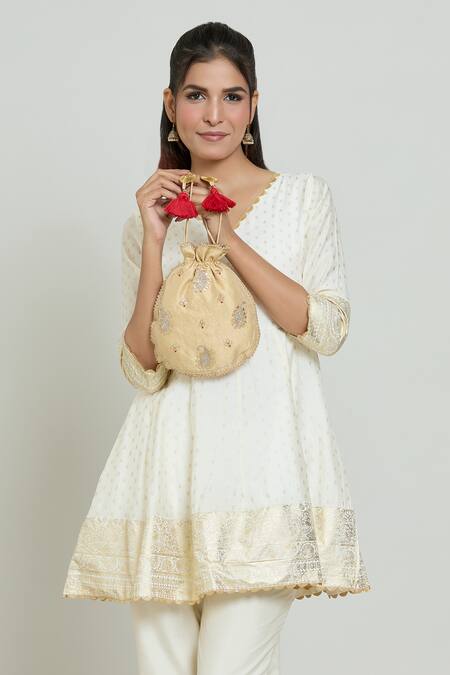 Buy_Kalakaari By Sagarika_Beige Gota Patti Floral Pattern Embroidered Potli Bag _Online_at_Aza_Fashions