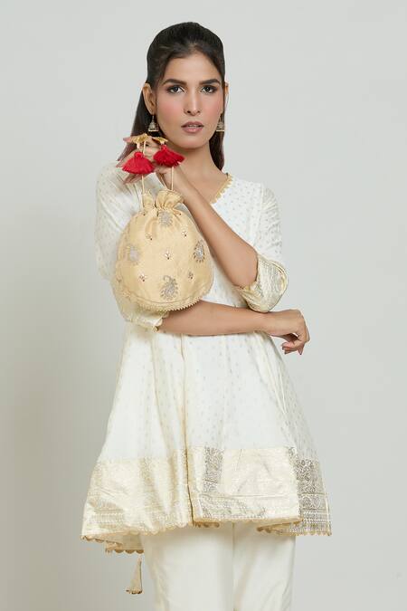 Shop_Kalakaari By Sagarika_Beige Gota Patti Floral Pattern Embroidered Potli Bag _Online_at_Aza_Fashions