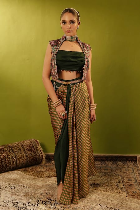 Aditi Gupta_Green Banarsi Embroidered Aari Blouse Dual Draped Skirt Set With Jamawar Jacket _Online_at_Aza_Fashions