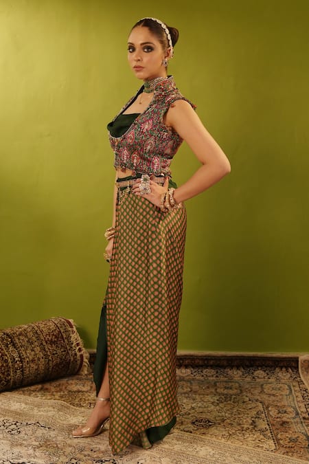 Buy_Aditi Gupta_Green Banarsi Embroidered Aari Blouse Dual Draped Skirt Set With Jamawar Jacket _Online_at_Aza_Fashions