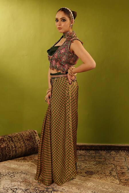 Shop_Aditi Gupta_Green Banarsi Embroidered Aari Blouse Dual Draped Skirt Set With Jamawar Jacket _Online_at_Aza_Fashions