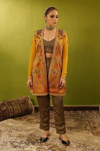 Aditi Gupta_Green Silk, Satin Pearls, Sequins Zardozi Embroidered Jamawar Jacket Kurta Set _Online_at_Aza_Fashions