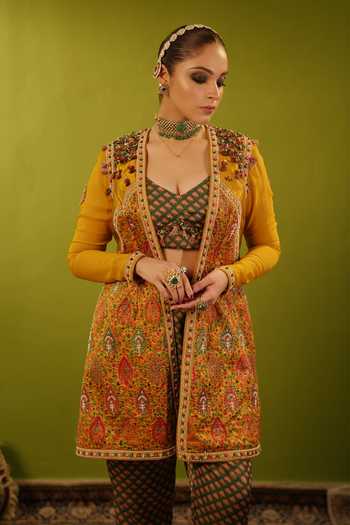 Shop_Aditi Gupta_Green Silk, Satin Pearls, Sequins Zardozi Embroidered Jamawar Jacket Kurta Set _Online_at_Aza_Fashions