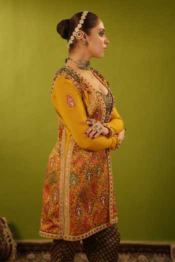 Aditi Gupta_Green Silk, Satin Pearls, Sequins Zardozi Embroidered Jamawar Jacket Kurta Set _at_Aza_Fashions