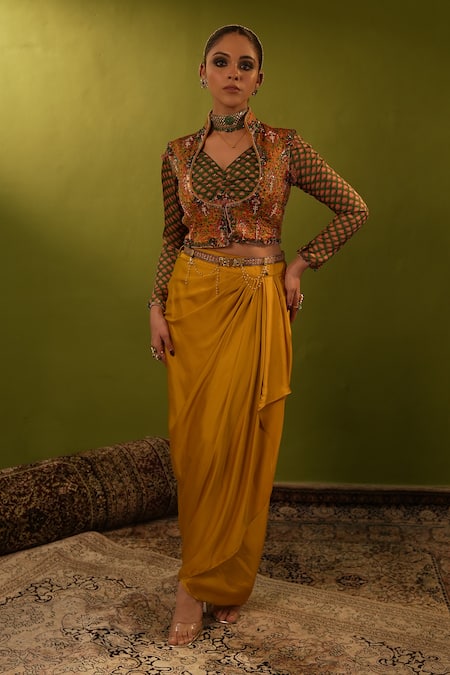 Aditi Gupta Yellow Banarsi Embroidered Aari Draped Skirt Set With Jamawar Jacket 