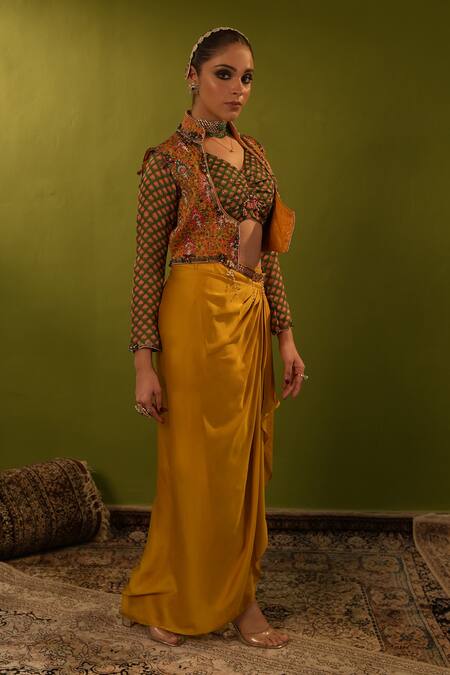 Aditi Gupta Yellow Banarsi Embroidered Aari Blouse V Draped Skirt Set With Jamawar Jacket Online at Aza Fashions Aditi Gupta_Yellow Banarsi Embroidered Aari Blouse V Draped Skirt Set With Jamawar Jacket _Online_at_Aza_Fashions