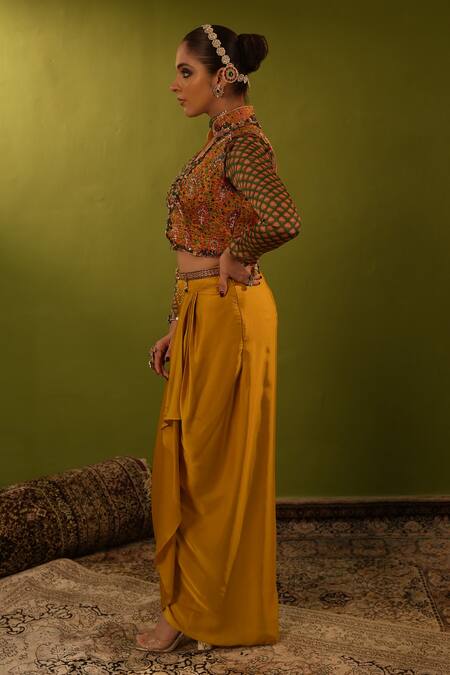 Buy Aditi Gupta Yellow Banarsi Embroidered Aari Blouse V Draped Skirt Set With Jamawar Jacket Online at Aza Fashions Buy_Aditi Gupta_Yellow Banarsi Embroidered Aari Blouse V Draped Skirt Set With Jamawar Jacket _Online_at_Aza_Fashions