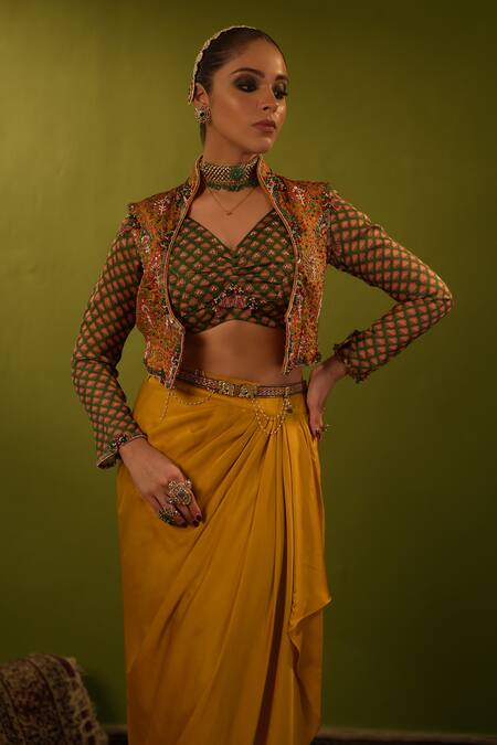 Shop Aditi Gupta Yellow Banarsi Embroidered Aari Blouse V Draped Skirt Set With Jamawar Jacket Online at Aza Fashions Shop_Aditi Gupta_Yellow Banarsi Embroidered Aari Blouse V Draped Skirt Set With Jamawar Jacket _Online_at_Aza_Fashions