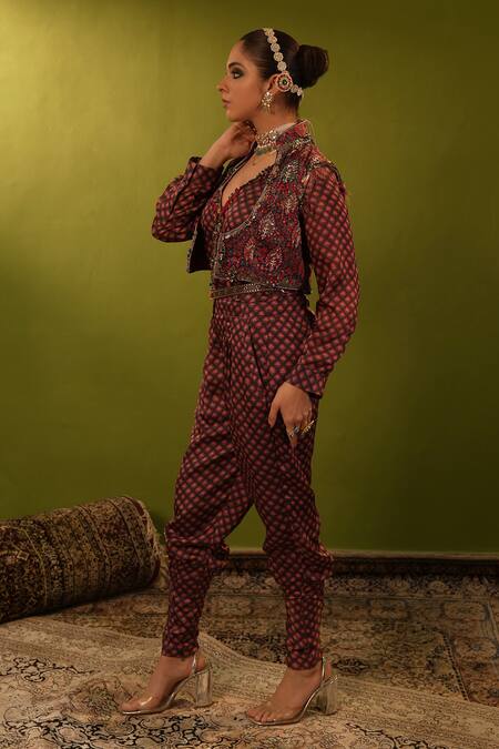 Buy_Aditi Gupta_Maroon Satin Georgette Embroidered Aari V Neck Zardozi Jumpsuit With Belt _Online_at_Aza_Fashions