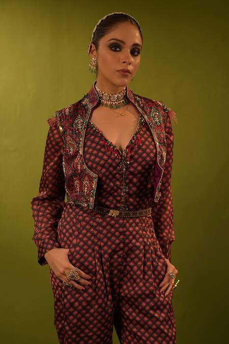 Shop_Aditi Gupta_Maroon Satin Georgette Embroidered Aari V Neck Zardozi Jumpsuit With Belt _Online_at_Aza_Fashions
