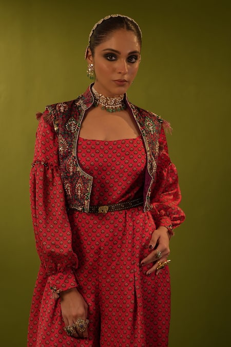 Shop_Aditi Gupta_Red Banarsi Embroidered Aari Jumpsuit Round Zardozi With Jamavar Jacket _Online_at_Aza_Fashions