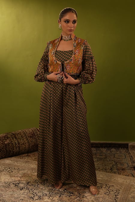 Aditi Gupta_Green Banarsi Embroidered Aari Jumpsuit Floral Pattern With Jamavar Jacket _Online_at_Aza_Fashions