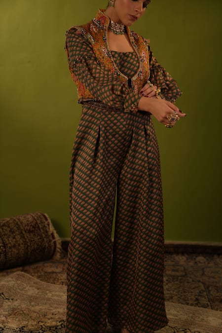 Aditi Gupta_Green Banarsi Embroidered Aari Jumpsuit Floral Pattern With Jamavar Jacket _at_Aza_Fashions