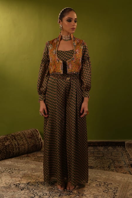 Buy_Aditi Gupta_Green Banarsi Embroidered Aari Jumpsuit Floral Pattern With Jamavar Jacket 