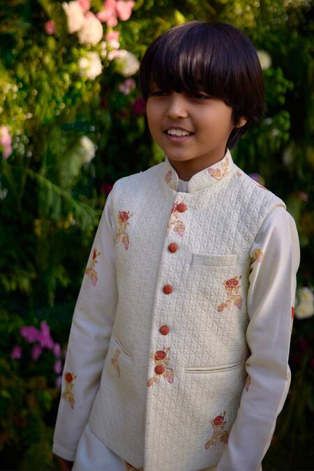 Shyam Narayan Prasad_White Chanderi Embroidery Floral Print Quilted Bundi Kurta Set _Online_at_Aza_Fashions