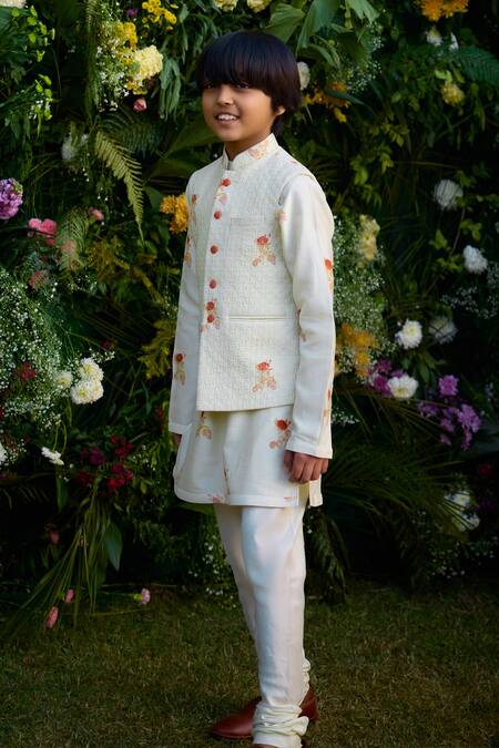 Buy_Shyam Narayan Prasad_White Chanderi Embroidery Floral Print Quilted Bundi Kurta Set _Online_at_Aza_Fashions