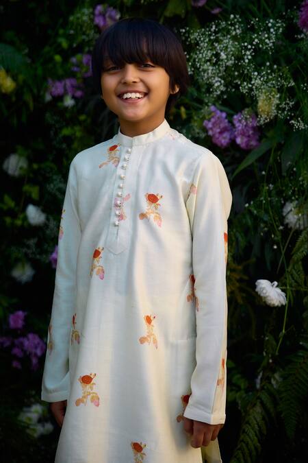 Shyam Narayan Prasad_White Chanderi Print Floral Kurta Set _Online_at_Aza_Fashions