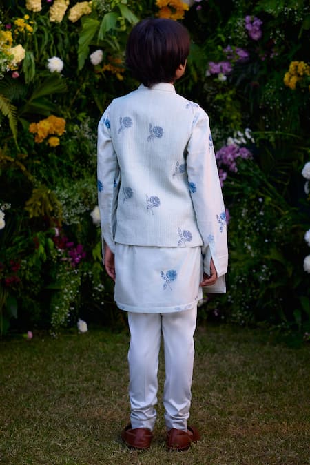 Shop_Shyam Narayan Prasad_Blue Chanderi Print Dori Quilting Floral Bundi Kurta Set _at_Aza_Fashions