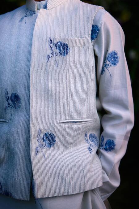 Buy_Shyam Narayan Prasad_Blue Chanderi Print Dori Quilting Floral Bundi Kurta Set _Online_at_Aza_Fashions