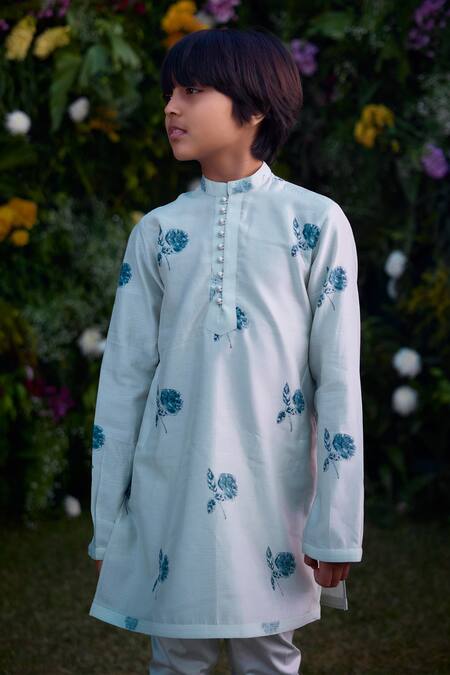 Shyam Narayan Prasad_Blue Chanderi Print Floral Kurta Set _Online_at_Aza_Fashions