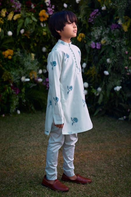 Buy_Shyam Narayan Prasad_Blue Chanderi Print Floral Kurta Set _Online_at_Aza_Fashions