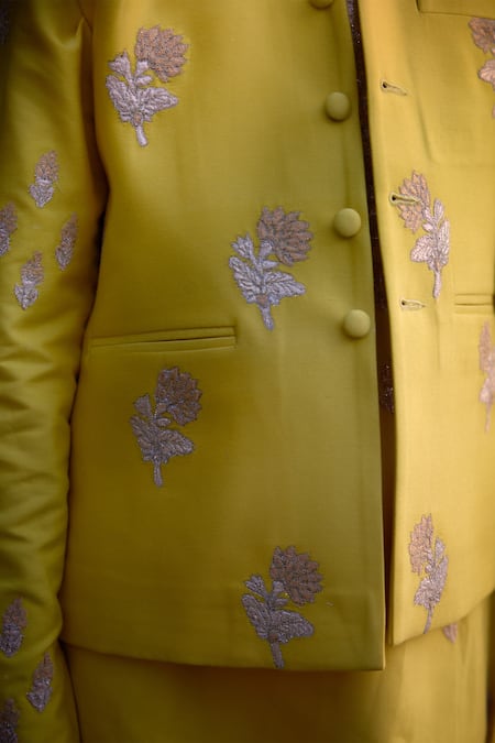 Shyam Narayan Prasad_Yellow Cotton Silk Patch Work Fleur Kurta Set _Online_at_Aza_Fashions