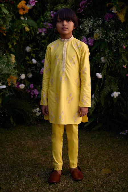 Buy_Shyam Narayan Prasad_Yellow Cotton Silk Patch Work Fleur Kurta Set _Online_at_Aza_Fashions