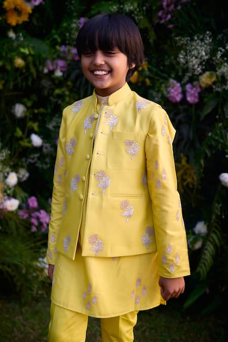 Shop_Shyam Narayan Prasad_Yellow Cotton Silk Patch Work Fleur Kurta Set _Online_at_Aza_Fashions