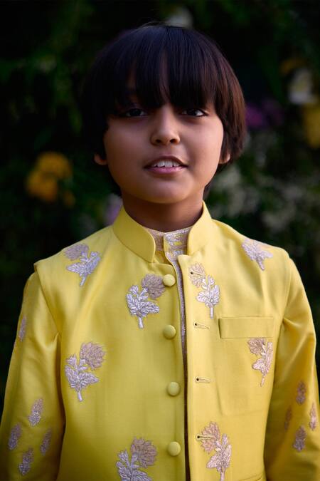 Shyam Narayan Prasad_Yellow Cotton Silk Patch Work Fleur Kurta Set _at_Aza_Fashions