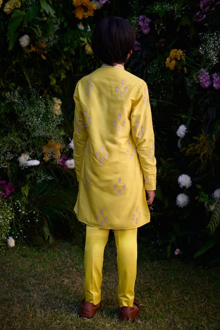 Shop_Shyam Narayan Prasad_Yellow Cotton Silk Patch Work Fleur Damask Kurta Set _at_Aza_Fashions