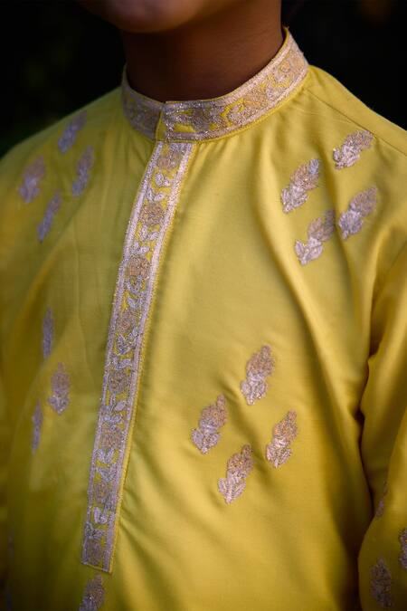 Buy_Shyam Narayan Prasad_Yellow Cotton Silk Patch Work Fleur Damask Kurta Set _Online_at_Aza_Fashions