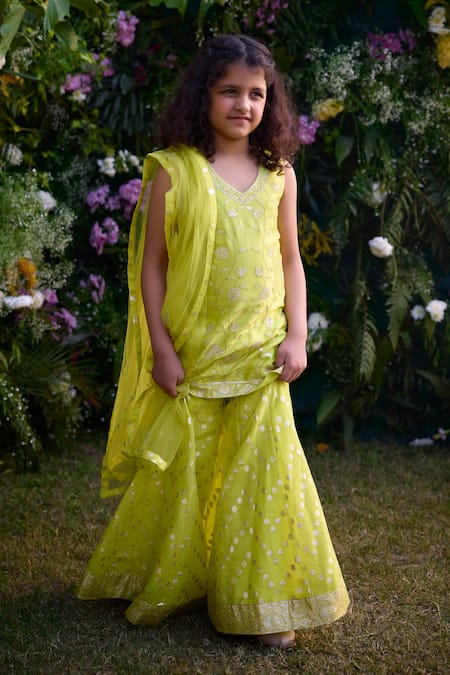 Shyam Narayan Prasad Green Chanderi Embroidery Patch Gardenia Work Kurta Sharara Set 