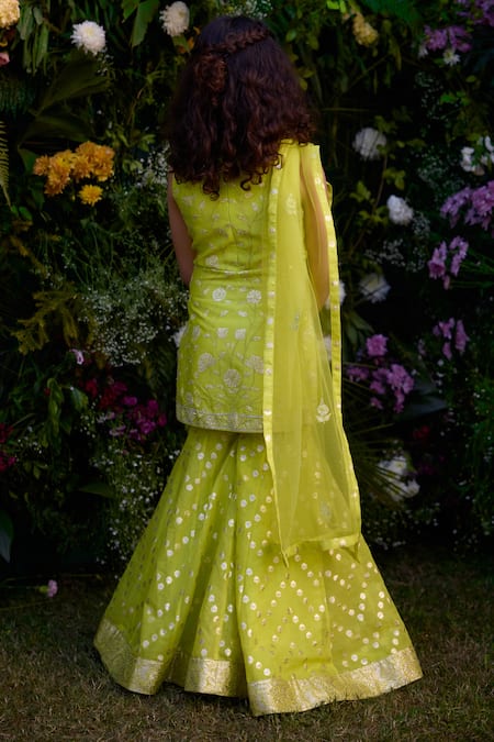 Shop_Shyam Narayan Prasad_Green Chanderi Embroidery Patch Gardenia Work Kurta Sharara Set _at_Aza_Fashions