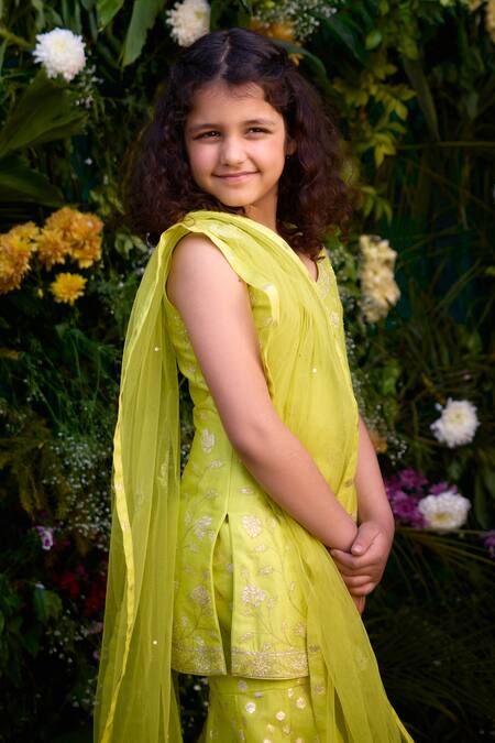 Shop_Shyam Narayan Prasad_Green Chanderi Embroidery Patch Gardenia Work Kurta Sharara Set _Online_at_Aza_Fashions