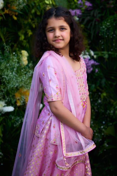 Shyam Narayan Prasad_Pink Dupion Silk Embroidery Zardozi Floret Chanderi Brocade Lehenga Set _Online_at_Aza_Fashions