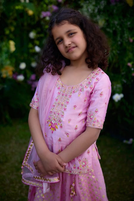 Buy_Shyam Narayan Prasad_Pink Dupion Silk Embroidery Zardozi Floret Chanderi Brocade Lehenga Set _Online_at_Aza_Fashions