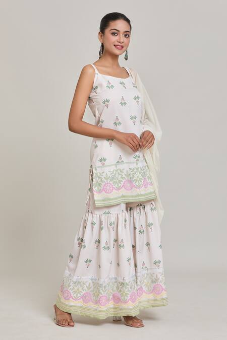 Buy_Samyukta Singhania_Off White Polyester Round Neck Fern Bloom Print Kurti Sharara Set_Online_at_Aza_Fashions